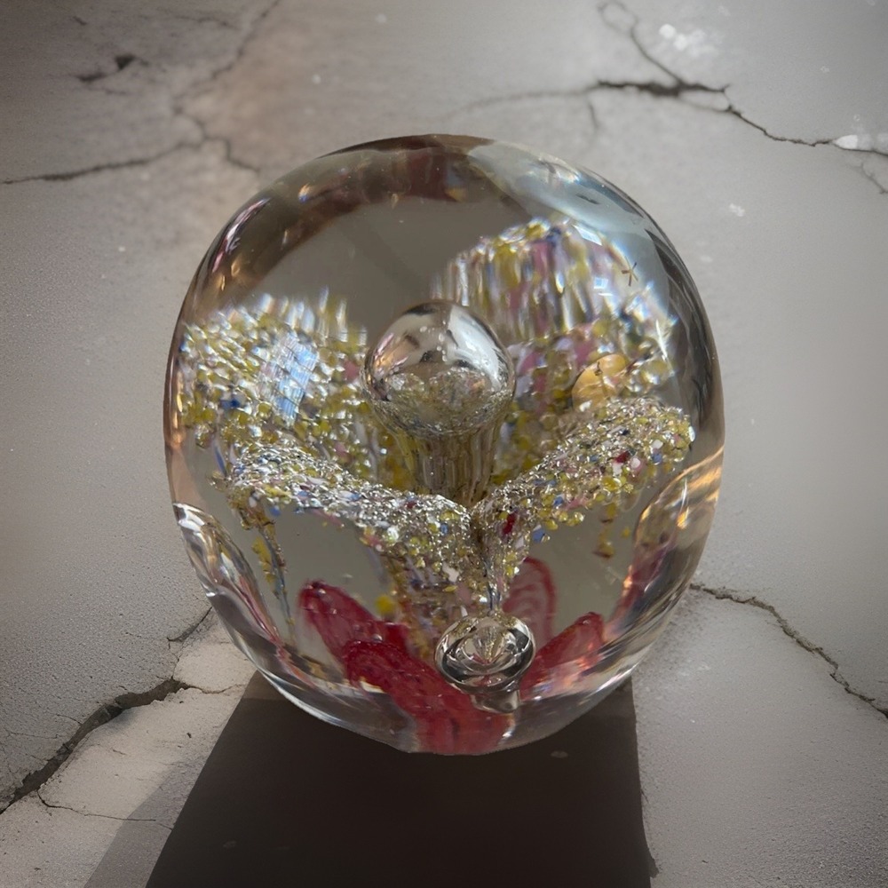 Vintage Glass Art Paperweight with Multicolor‎ Floral Design